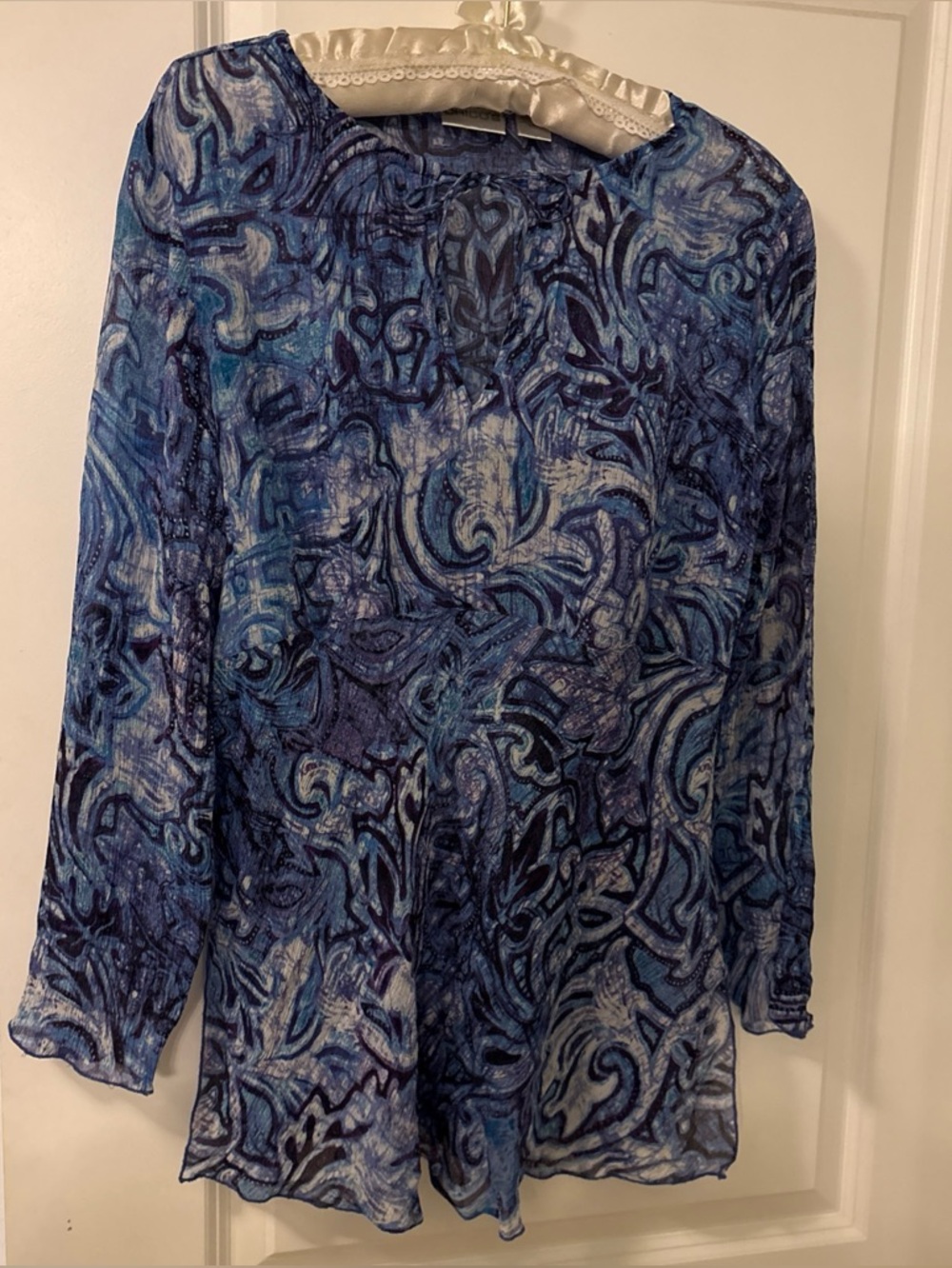 Chico's Semi Sheer 100% Silk Blouse-Blue Swirl Print-Sz 1/M-3/4 Sleeve-Empire